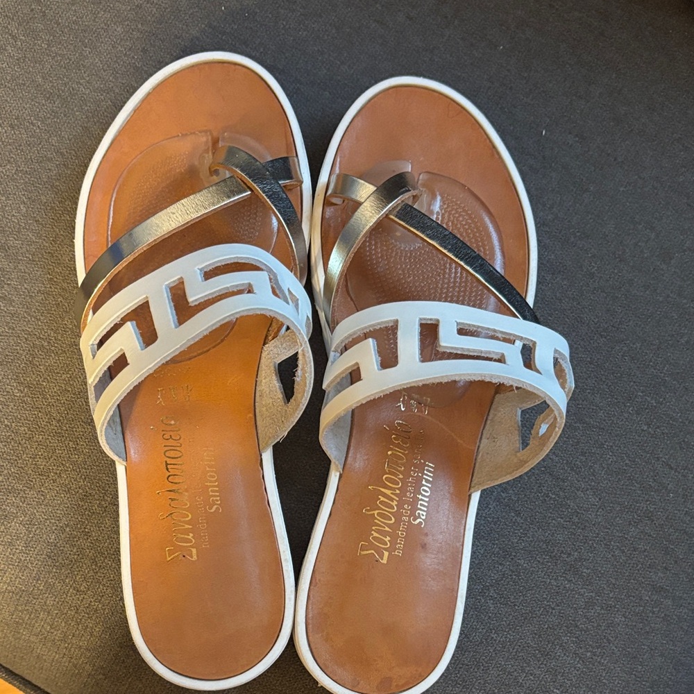 Handmade Leather Sandals Santorini- White and Gold size 39